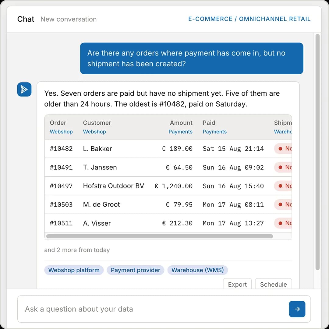A live answer in inquerio.ai combining the orders database and the invoices API
