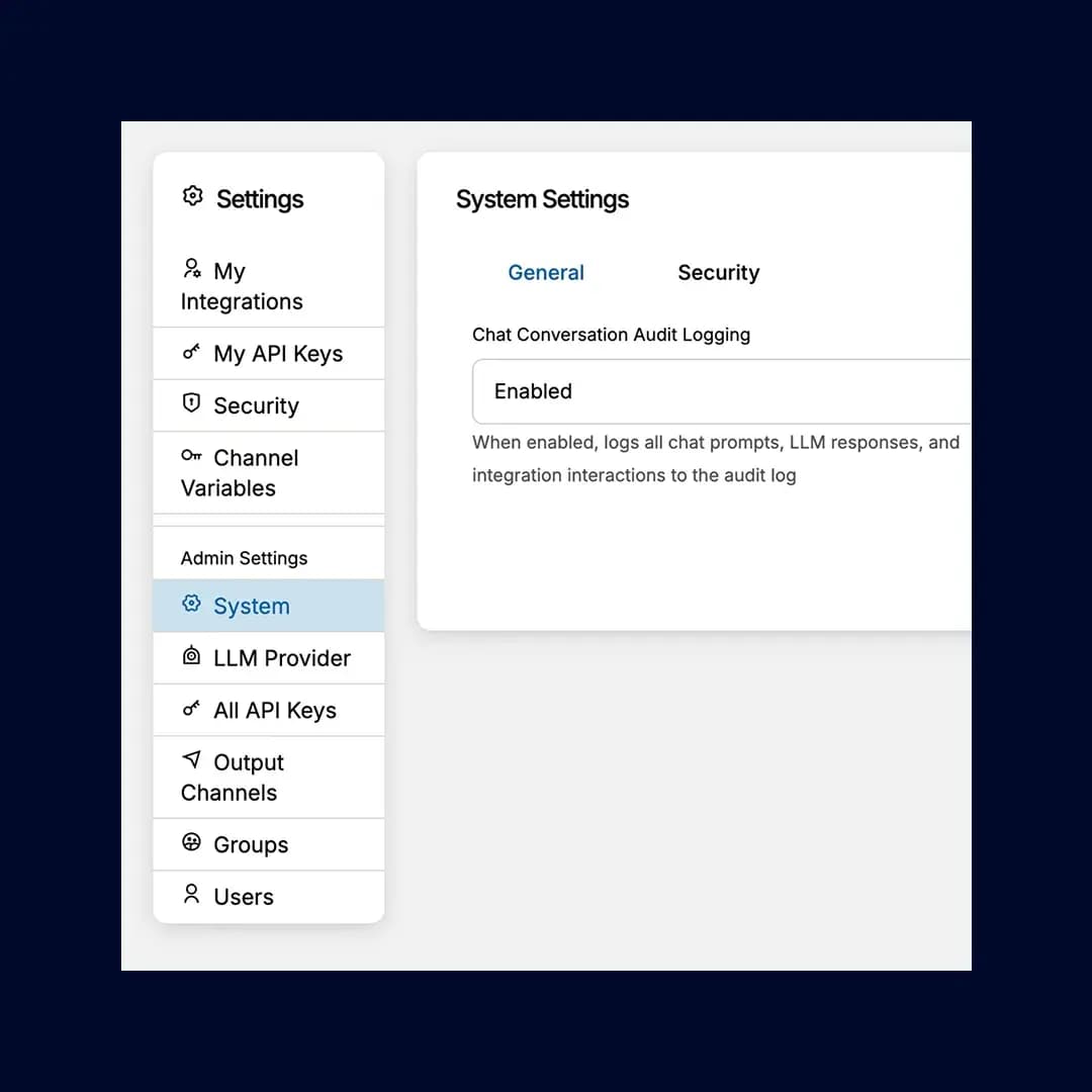 inquerio.ai system settings with chat conversation audit logging enabled
